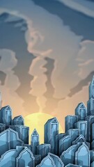 Poster - Sunrise over futuristic glass city skyline with dramatic cloudscape