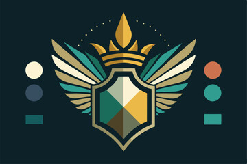 Poster - A creative illustration showcases a shield with a crown, complemented by stylized wings and a limited color palette, Using a limited color palette to convey a sense of sophistication
