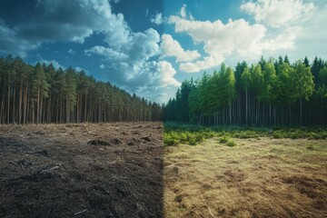 Poster - Contrast between deforested land and thriving forest showcases the importance of nature conservation efforts. Generative AI