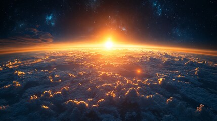 Poster - Stunning sunrise over earth from space with glowing sun and cosmic view, atmospheric beauty. Celestial serenity and cosmic wonder concept