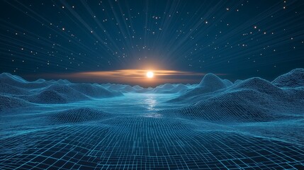 Poster - A futuristic wireframe landscape extending into infinity