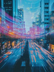 Fototapete - Vibrant urban road with abstract sound waves visualized above in a bustling cityscape at twilight. Generative AI