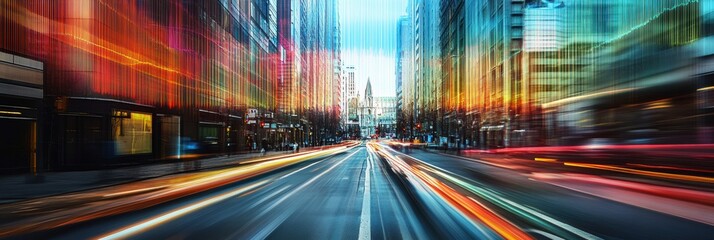 Poster - Busy urban road with abstract sound wave visualization during daytime commute hours. Generative AI