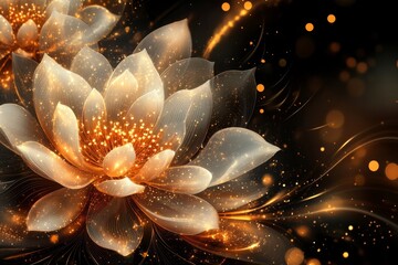 Poster - Glowing lotus flowers shine in a dark space with vibrant golden sparks swirling around them