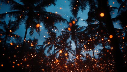 Wall Mural - floating lanterns rise above tropical palms at twilight