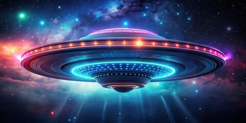 Wall Mural - futuristic flying saucer with neon lights against a dark space background, stars, intergalactic trav