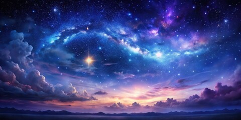 Wall Mural - dark sky with wispy clouds and twinkling stars against a gradient of deep blues and purples, nocturn