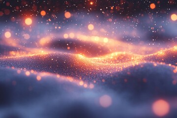 Poster - Abstract representation of glowing particles in a dreamy landscape under soft lighting at dusk