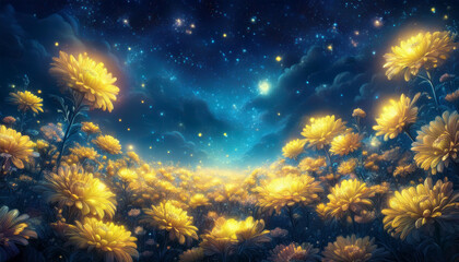 Wall Mural - chrysanthemum flowers field against the sky in painting style image, part 36