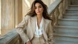 © Volha - Elegant woman in a stylish beige suit posing on a grand staircase