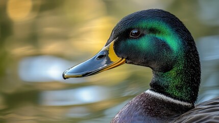 Poster - Close-up of a male mallard duck with iridescent green feathers and blurred water background. Wildlife and nature beauty concept
