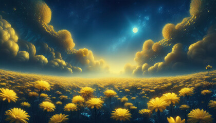 Wall Mural - chrysanthemum flowers field against the sky in painting style image, part 31