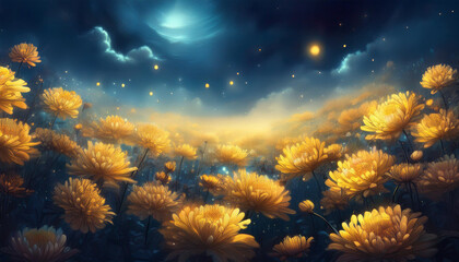 Wall Mural - chrysanthemum flowers field against the sky in painting style image, part 30