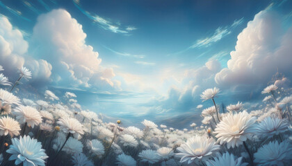 Wall Mural - Chrysanthemum  Flowers Field against the sky in painting style image, part 27