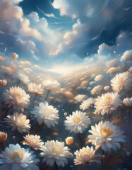 Wall Mural - Chrysanthemum  Flowers Field against the sky in painting style image, part 22