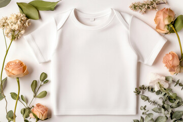 Wall Mural - Flat lay semi folded baby bodysuit mockup, top front view. Toddler, infant tshirt mock up. White body suit lying on plain surface, flowers nearby.  Baby cloth for newborns, blank tee template