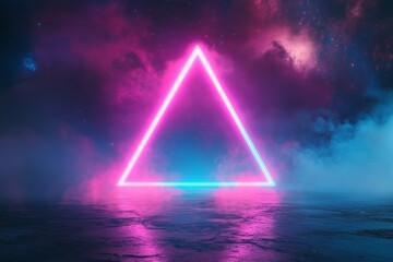 Poster - Neon triangle glows in the dark amidst colorful cosmic mist and fog at night