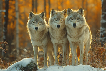  Three Wolves Gaze Intently in a Golden Winter Forest Landscape