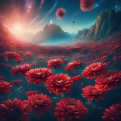 Wall Mural - chrysanthemum flowers field against the sky in painting style image, part 15