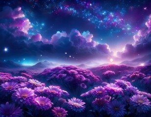 Wall Mural - chrysanthemum flowers field against the sky in painting style image, part 11