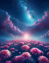 Wall Mural - chrysanthemum flowers field against the sky in painting style image, part 5