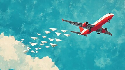 Aufkleber - Red and white airplane leading a formation of smaller paper planes in a clear blue sky representing leadership and direction. Generative AI