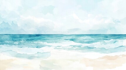 Watercolor beach background with soft pastel colors, light blue and white