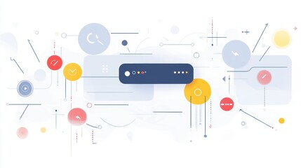 Poster - Abstract technology design with interconnected elements. Colorful geometric shapes and lines representing data flow, processing, and system architecture.