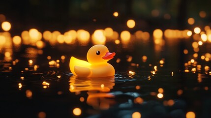 Poster - Illuminated rubber duck floating on dark water with golden bokeh lights at night, whimsical and serene scene. Childhood nostalgia and tranquility concept