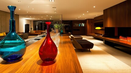 Wall Mural - A sleek cocktail bar with a polished wooden counter, colorful bottles, and trendy seating. picture