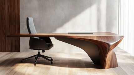 Wall Mural - A clean photo of a sleek wooden desk styled with a single office chair. background