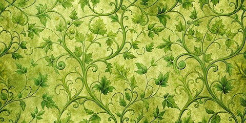 Intricate green botanical patterns with swirling vines and leaves on a textured wallpaper background , natural elements, geometric patterns