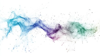 Abstract network of interconnected particles, flowing in a dynamic pattern of iridescent colors, against a stark white background.