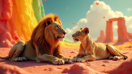 A majestic male and female lion pair, deeply gazing into each other's eyes, amidst a whimsical, colorful landscape, with floating hearts adding to the romantic atmosphere.