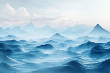 Wall Mural - Majestic blue waves gently ripple under a clear sky with distant mountains in the background during the early morning hours