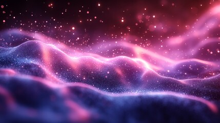 Aufkleber - Abstract waves of pink and purple glowing particles with sparkling light in a dreamy landscape. Futuristic digital art concept