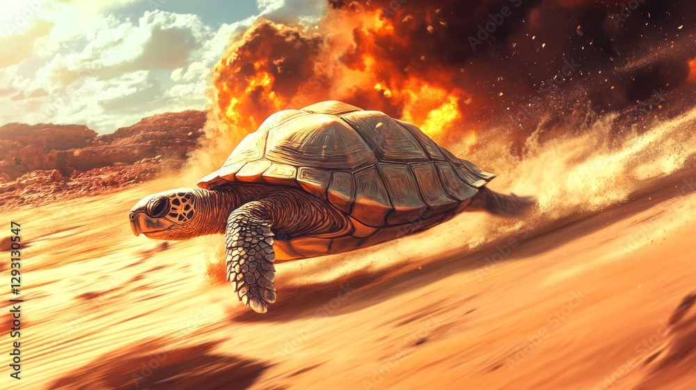 Turtle Racing Fast Turtle racing across a desert with explosive backdrop and dramatic ...