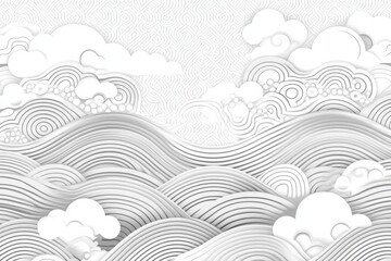 Poster - Intricate paper layers create a serene ocean wave pattern with clouds against a textured background