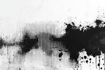 Poster - Abstract black and white texture with scattered paint splatters and dotted patterns on light background