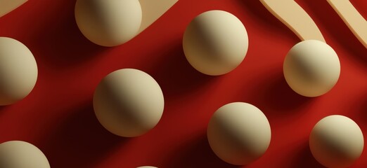 Poster - Abstract composition of beige spheres on red background with curved shapes, copy space for text