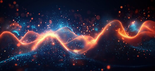 Poster - Abstract digital wave with glowing particles and vibrant colors in dark background, copy space for text