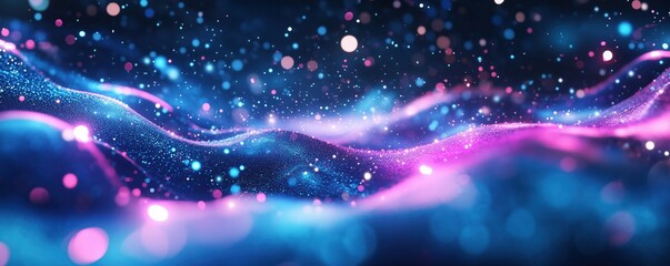 Poster - Colorful abstract waves with sparkling particles in blue and pink tones, copy space for text