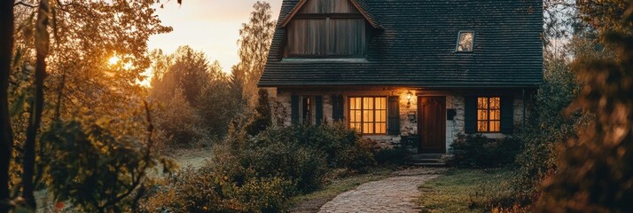 Aufkleber - Abandoned house reclaimed by nature versus cozy restored cottage in warm evening light. Generative AI