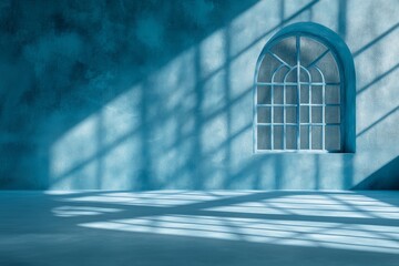 Poster - Light and shadow interplay in blue-toned room with arched window highlighting architectural design