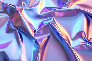 Poster - Iridescent wrinkled foil texture displaying vibrant hues and reflections in soft lighting