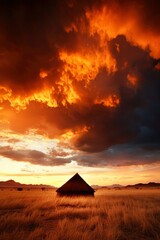 Wall Mural - hut in grassy field under dramatic sunset sky