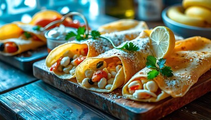 Canvas Print - Savory Crepes with Lemon Slice and Fresh Herbs on Wooden Serving Board