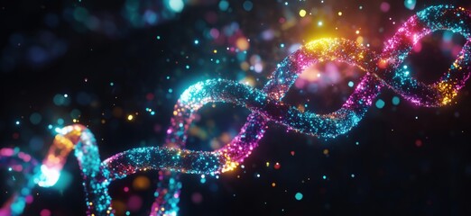 Poster - Colorful abstract representation of DNA helix with glowing particles and lights, copy space for text