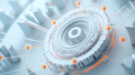 Poster - Abstract technological design with intricate gears, connections, and glowing orange accents.