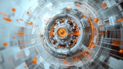 Poster - Abstract futuristic technology design with concentric circles, glowing orange elements, and geometric shapes.